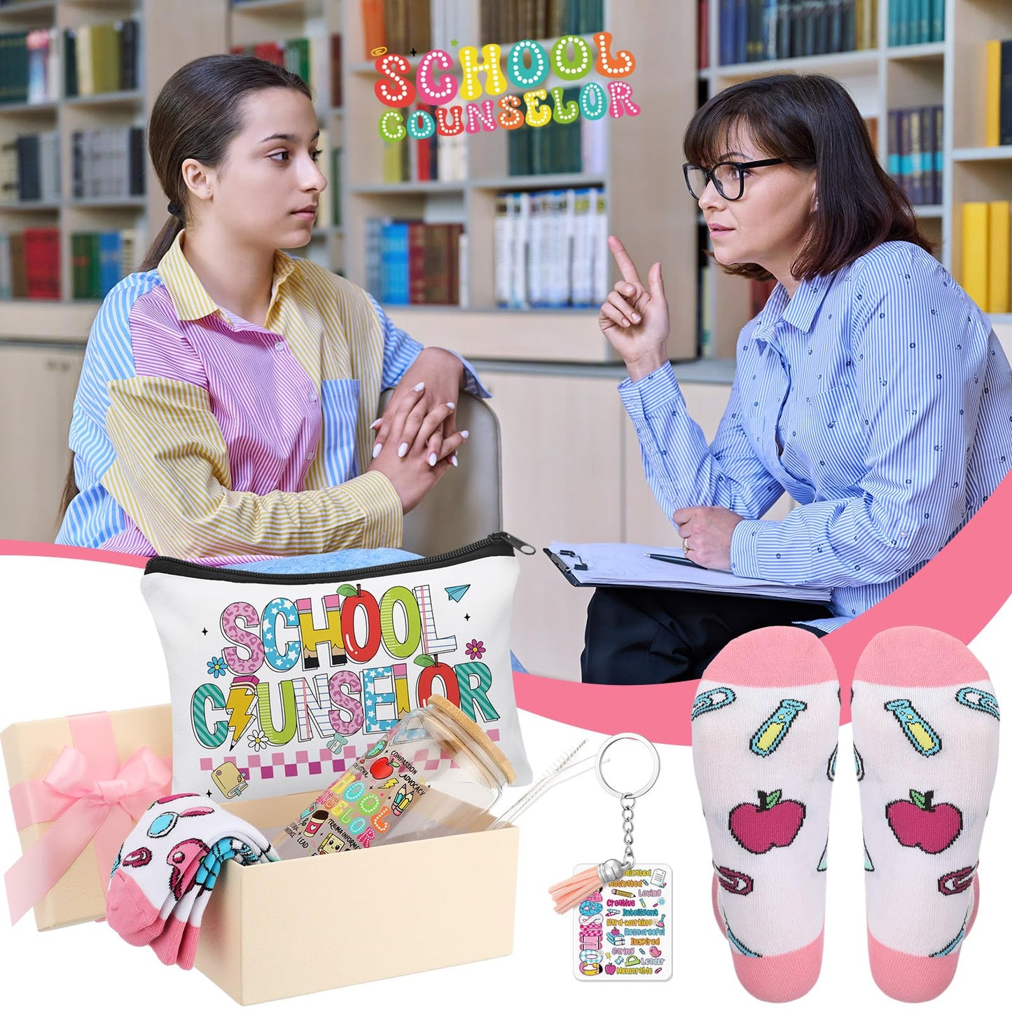 Skylety 5 Pcs School Counselor Week Gifts for Women Counselor Appreciation Gift Glass Cup Sock Cosmetic Bag Badge Holder Thank You School Counselors Gift Box for Schools Counseling Week Teacher