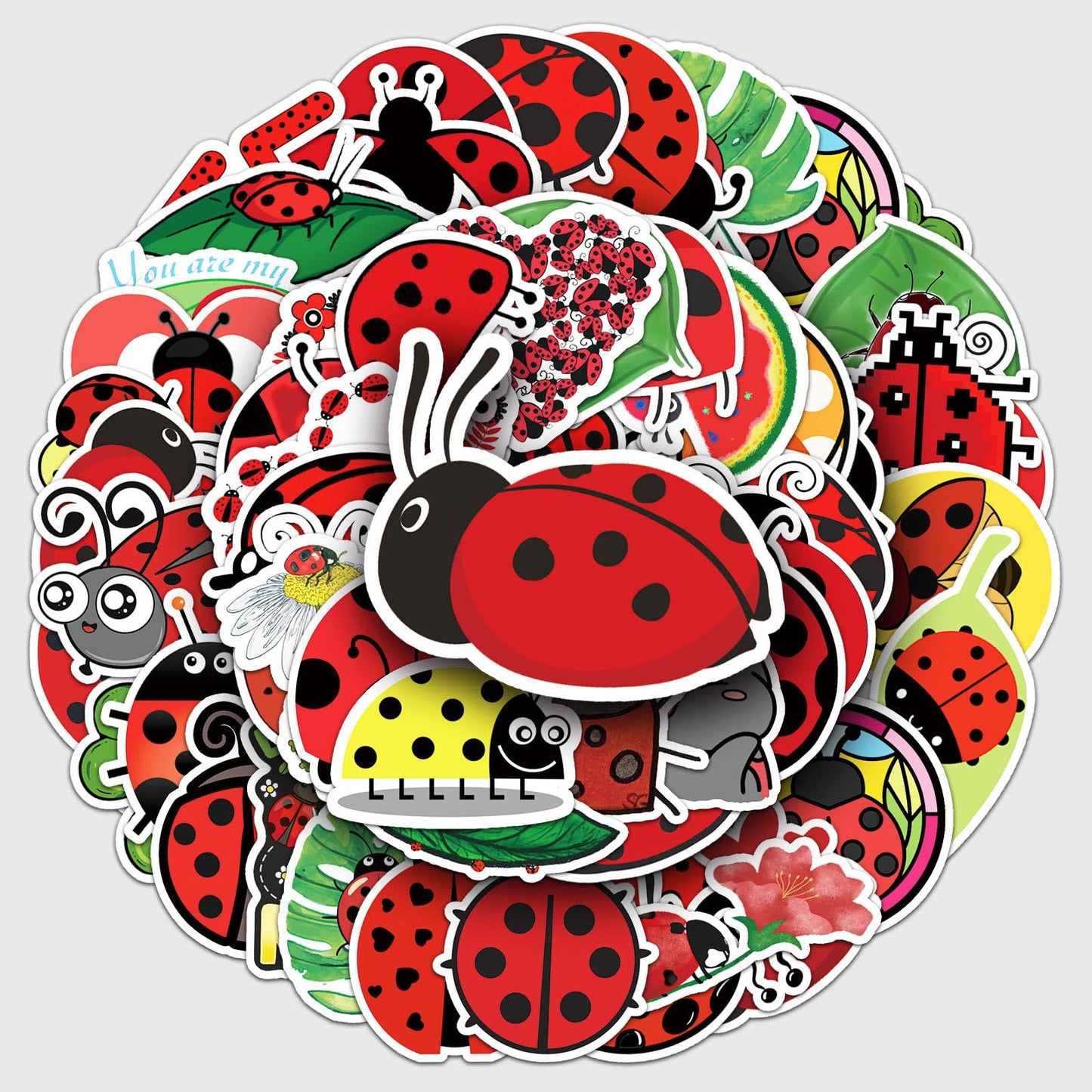50 Pcs Cute Ladybug Stickers - Waterproof Vinyl Ladybug Decals with Love/Fruit Motifs for Skateboard, Laptop, Fridge & Luggage (Assorted Adorable Ladybug Designs)(Ladybug)