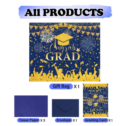 Congrats Gift Bag Class of 2026 - Graduation Gift Bag Blue and Gold Congrats Grad Bags with Card Tissue Paper Envelope Congratulations Gifts Bag for Men Women Student Teacher College Graduation 12 Inch