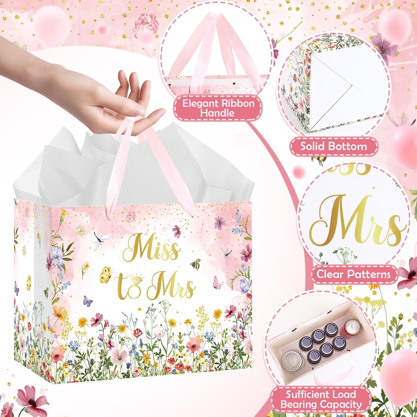 Bridal Shower Gift Bag Wedding Miss to Mrs Gifts Bag with Tissue and Card Bridal Shower Gift Wrapping Paper Bag Floral Wedding Gift Bags Bride Engagement Bachelorette Party Bag Bride to Be Gifts