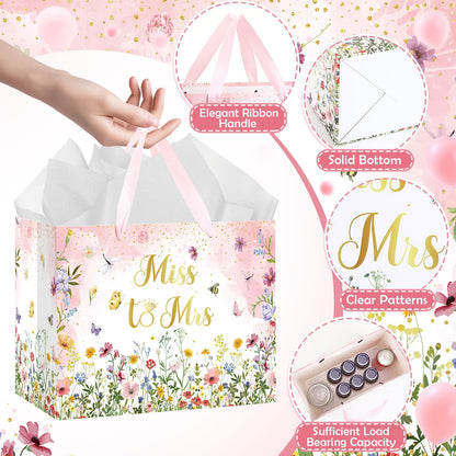 Bridal Shower Gift Bag Wedding Miss to Mrs Gifts Bag with Tissue and Card Bridal Shower Gift Wrapping Paper Bag Floral Wedding Gift Bags Bride Engagement Bachelorette Party Bag Bride to Be Gifts