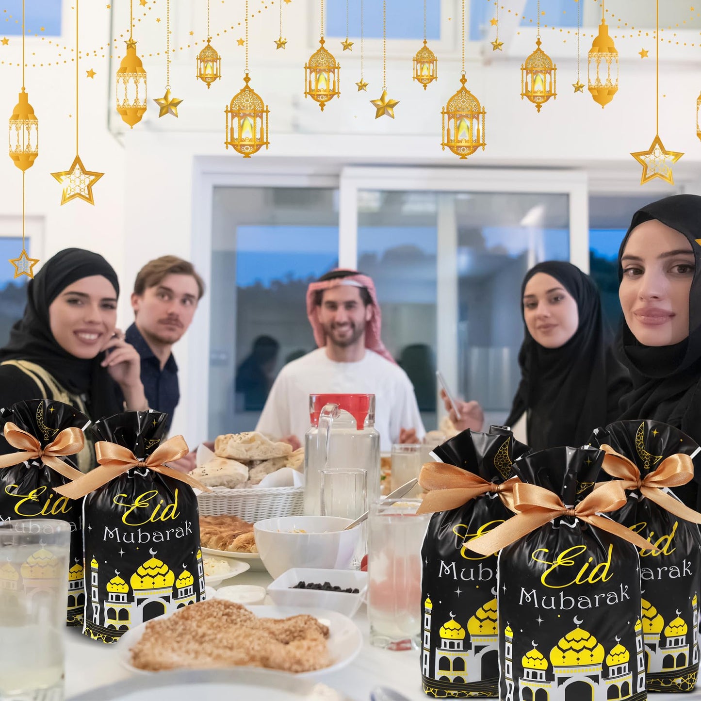 Blulu 50 Pcs Eid Mubarak Gifts Bags Plastic Ramadan Gift Bags Arabesque Moon Bulk Mosque Happy Eid Theme Goodie Pouches for Muslim Mubarak Party Candy Wrapping Supplies Decorations(Black)