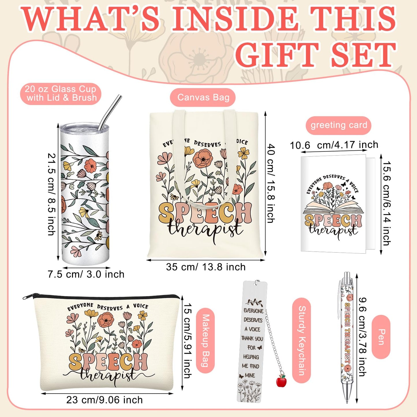 Geiserailie 6 Pcs Speech Therapy Gifts Speech Language Pathologist Appreciation Gifts Set with 20 oz Tumbler Tote Makeup Bag Card Pen for SLP Assistant Therapist Pathologist