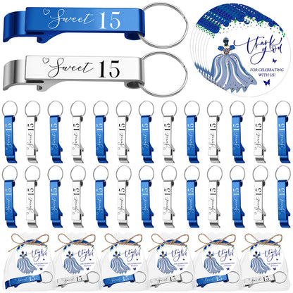 Dandat 50 Sets Quinceanera Party Favors for Guests Sweet 15 Bottle Opener Keychain with Thank You Cards Organza Bags Rope Quinceanera Gift for 15th Birthday Party Favor Guests (Blue,Silver)