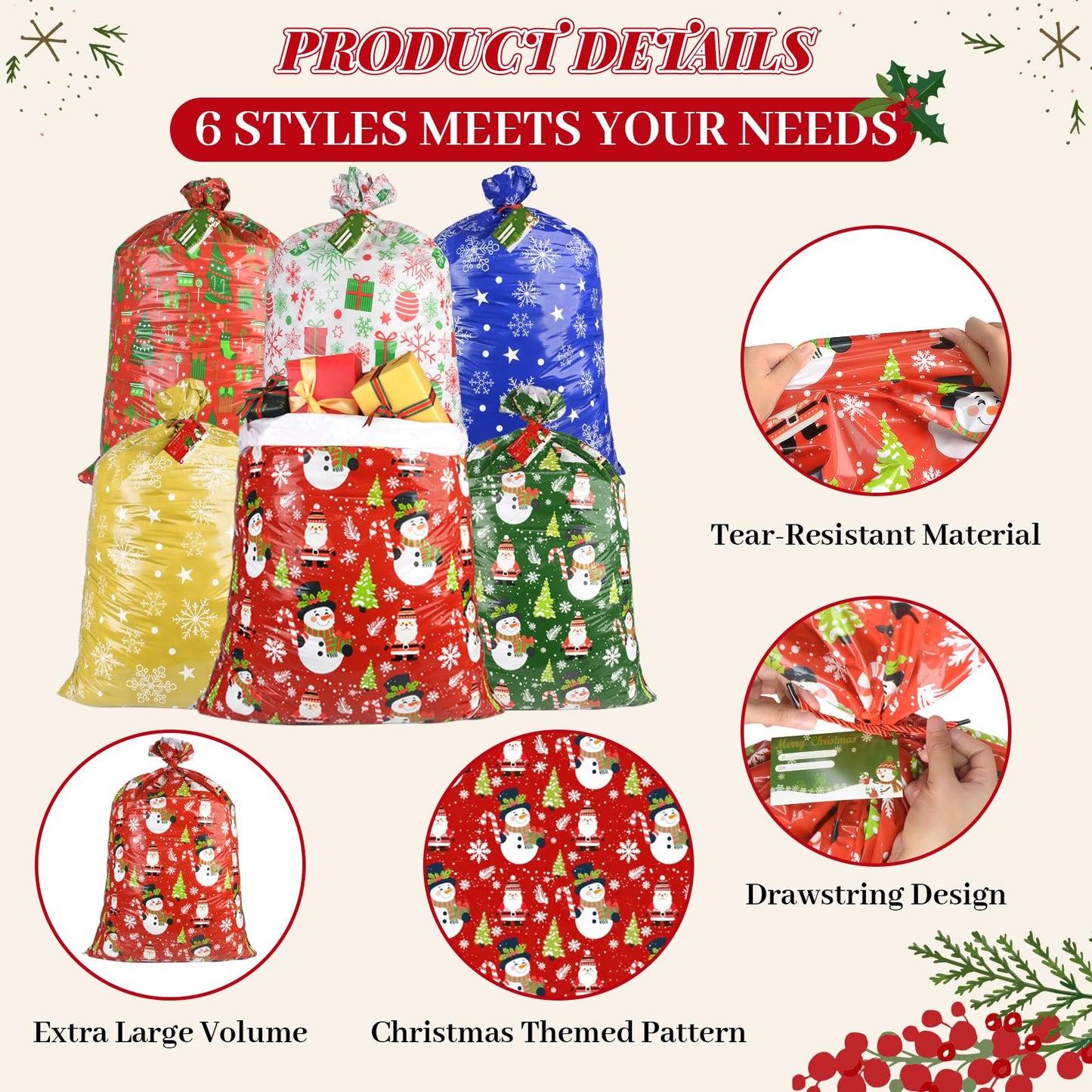 letesult 55" x 35" Extra Large Christmas Gift Bags, 6PCS Jumbo Christmas Themed Bags Holiday Gift Wrap Plastic Gifts Bag with Tag and String for Huge Big Gifts Presents Wrapping Bicycle Bike Gift Bag