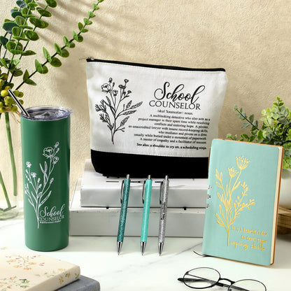 Funnymoom 6 Pcs School Counselor Appreciation Gift Set for Women Thank You Gifts 20 oz Boho Flower Tumbler Makeup Bag Journal Ballpoint High School Teacher Educator Work(Green, Counselor)
