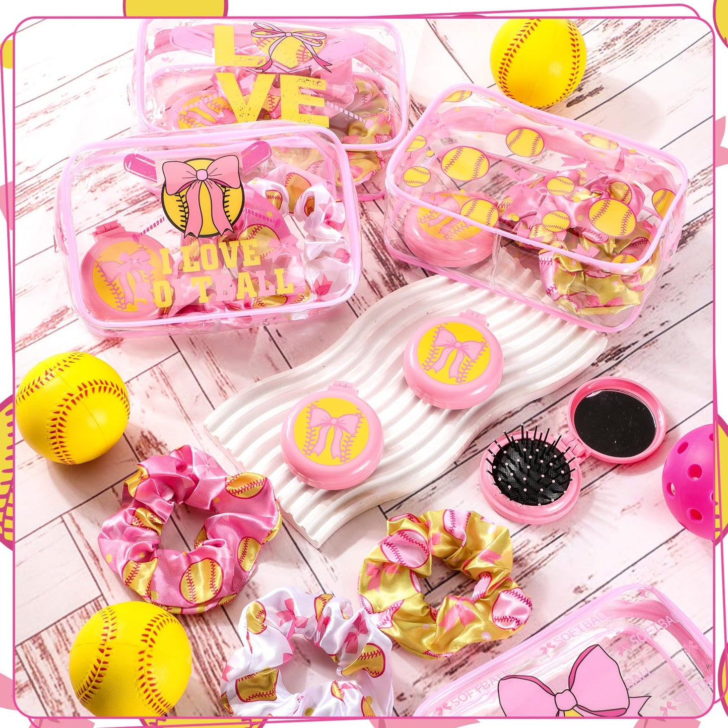 36 Pcs Pink Softball Gifts for Girl 12 Softball Makeup Bag Bulk Cosmetic Bag Sport Team Gifts with 12 Pink Bow Hair Scrunchies 12 Round Portable Folding Brush Mirror for Coach Team