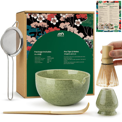 Matcha Whisk Set, Ceramic Bowl Matcha Kit & Handcrafted Bamboo Chasen, Complete 5 Pcs Matcha Set Whisk and Bowl, Stainless Steel Sifter, Bamboo Scoop & Holder for Matcha Lovers