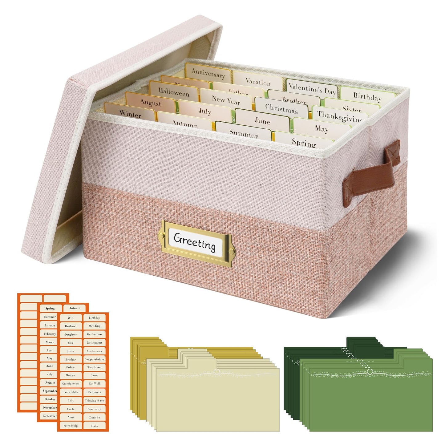 Vienrose Greeting Card Organizer Box with 20 Removable Dividers, 84 Labels, Large Capacity Foldable Storage Box for Photos, Postcards, Stickers & Keepsakes, Portable Linen Organizer, Pink&Lotus