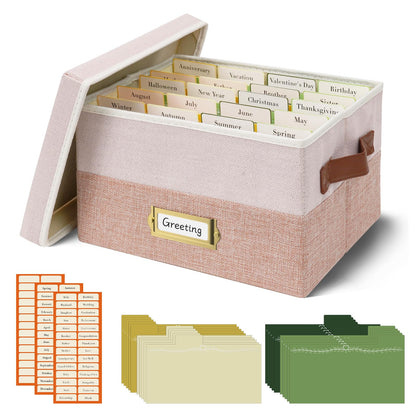 Vienrose Greeting Card Organizer Box with 20 Removable Dividers, 84 Labels, Large Capacity Foldable Storage Box for Photos, Postcards, Stickers & Keepsakes, Portable Linen Organizer, Pink&Lotus