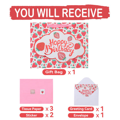 wishinside 13” Large Strawberry Happy Birthday Gift Bag Set with Handles, Greeting Card, Tissue Papers and Stickers for Girls Kids Teens Women, Cute Fruit Themed Birthday Design, 1 Pcs