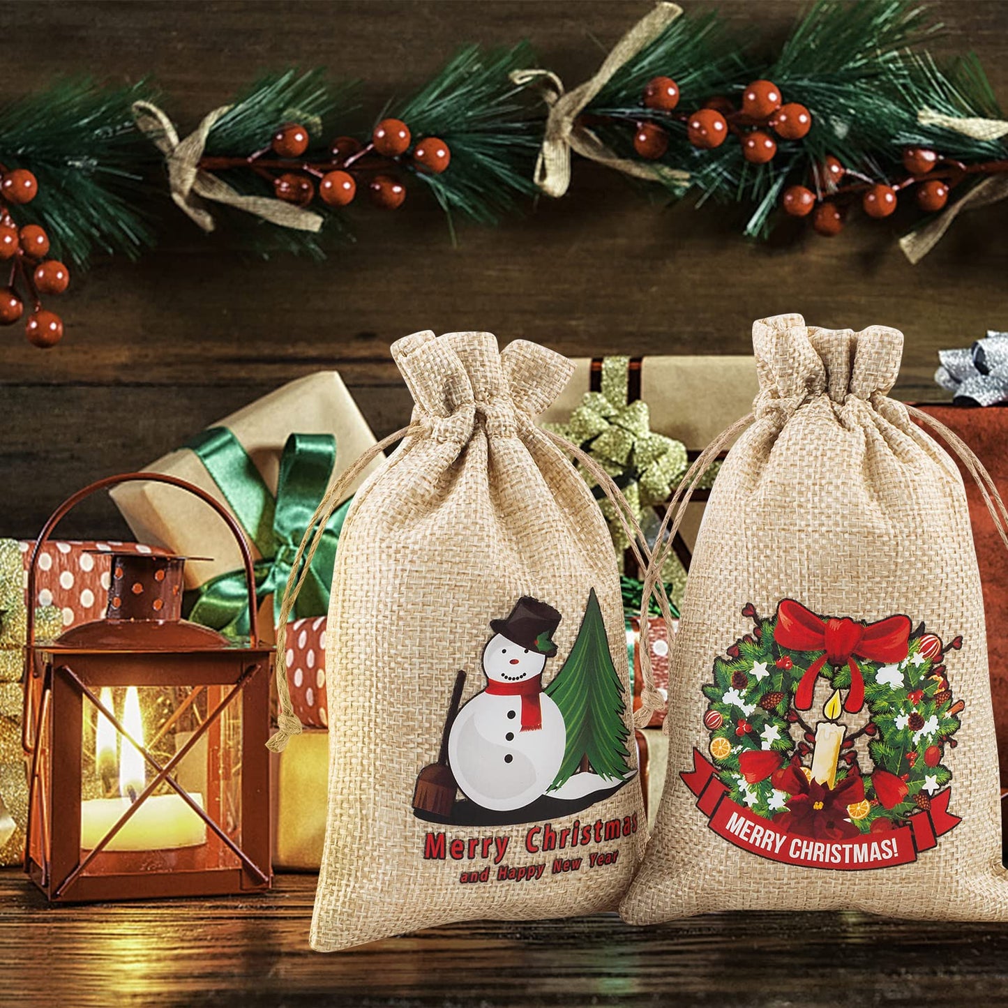 FloraSea 24 Pcs Small Christmas Gift Bags, 4x6 inches Mini Christmas Burlap Gift Bags with Drawstrings(8 Designs Styles)