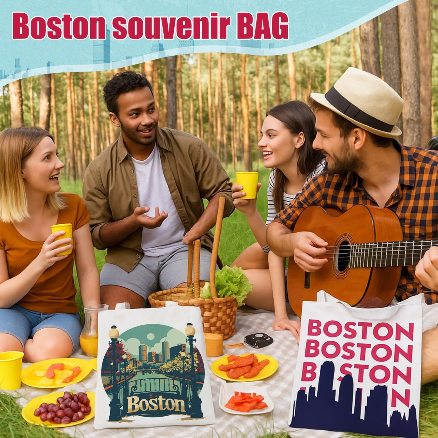 Paterr 6 Pcs Boston Souvenir Gifts Tote Bags Grocery Shopping City Themed Bag Canvas Tote City Travel Souvenirs Gifts for Women