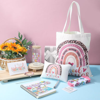 Remerry 10 Pcs School Counselor Appreciation Gifts End of School Year Teacher Gifts Set for Women Include Tote Bag Cosmetic Bag Glass Cup Card Bracelet Socks Notebook Pen for Educator