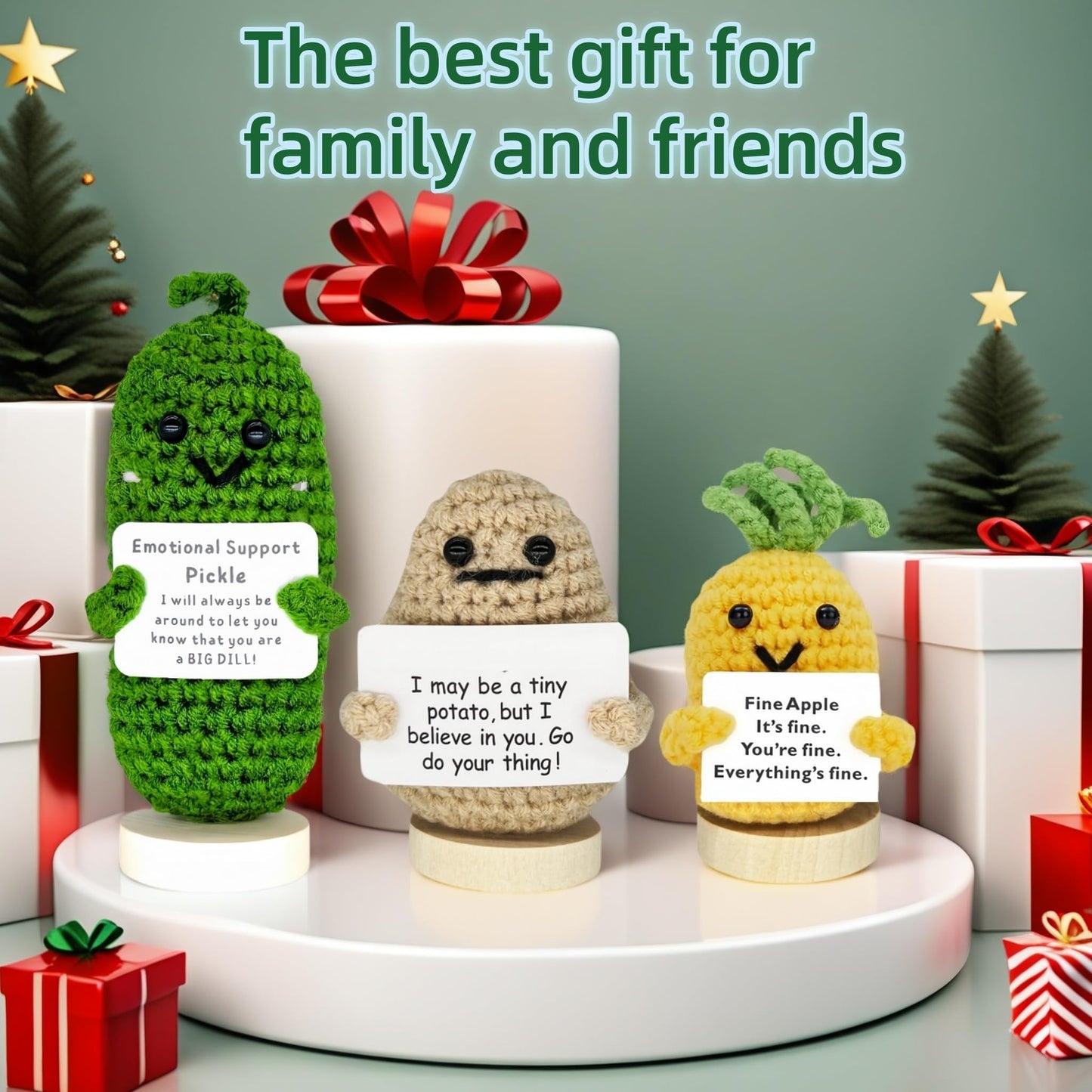 3 Pack Crochet Gift - Emotional Support Plush Toy with Inspirational Card and Base | Cute and Funny Christmas for Women, Girlfriend, Boyfriend, Teens