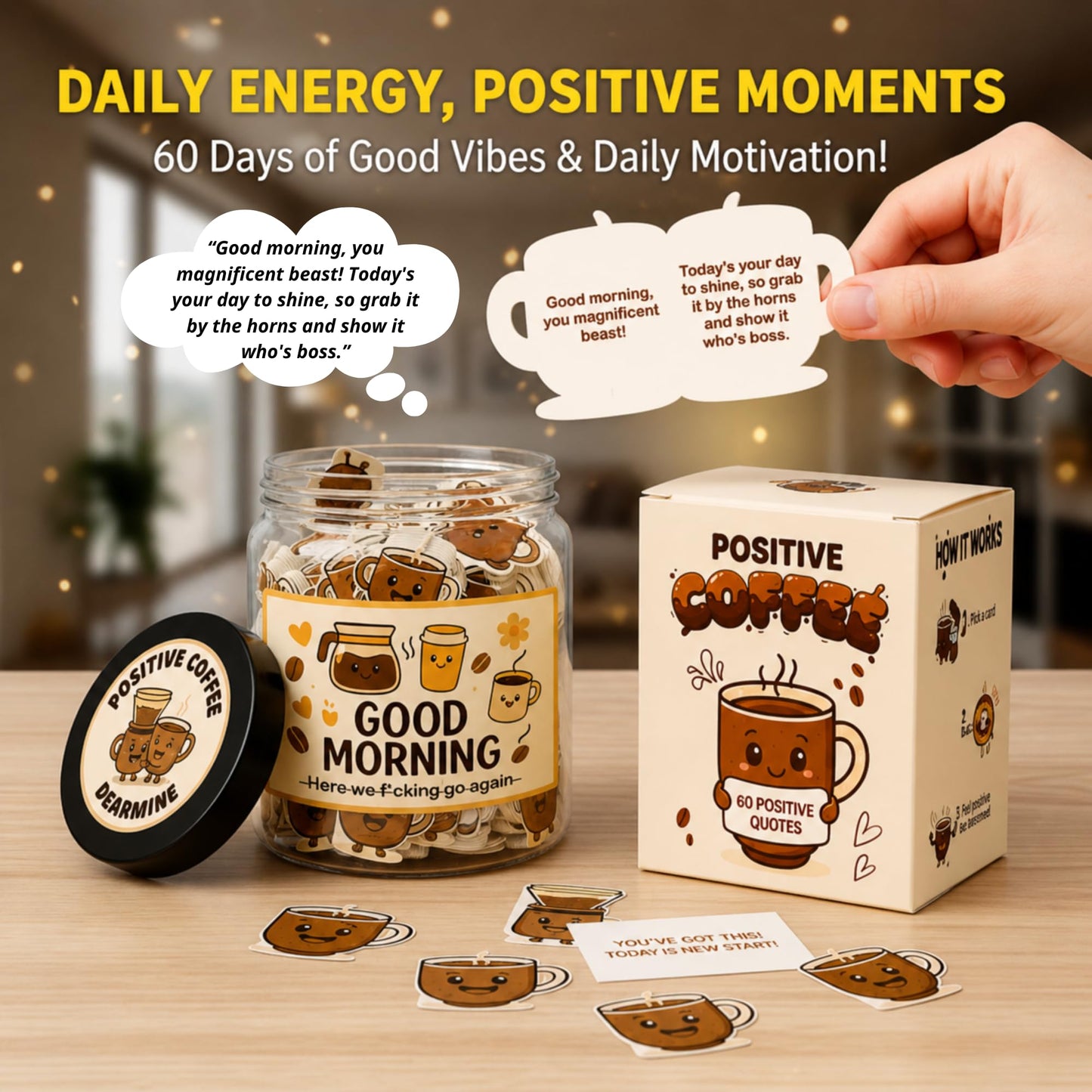 Positive Coffee Jar with 60 Affirmation Cards, Coffee Gifts For Women and Men, Dad, Mom, Coffee Themed Lover Gift, Emotional Support Latte, Cheer Up Funny Gag Gifts for Best Friends, Coworkers