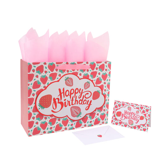 wishinside 13” Large Strawberry Happy Birthday Gift Bag Set with Handles, Greeting Card, Tissue Papers and Stickers for Girls Kids Teens Women, Cute Fruit Themed Birthday Design, 1 Pcs