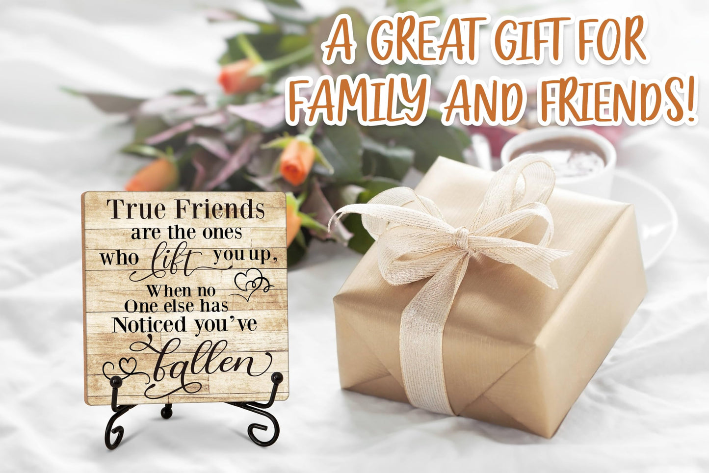 Friendship Quotes Desk Decor Gifts for Women Best Friends, True Friends Are The Ones Who Lift You Up Tabletop Sign, Motivational Wood Plaque With Iron Stand for Home Office Bedroom -16