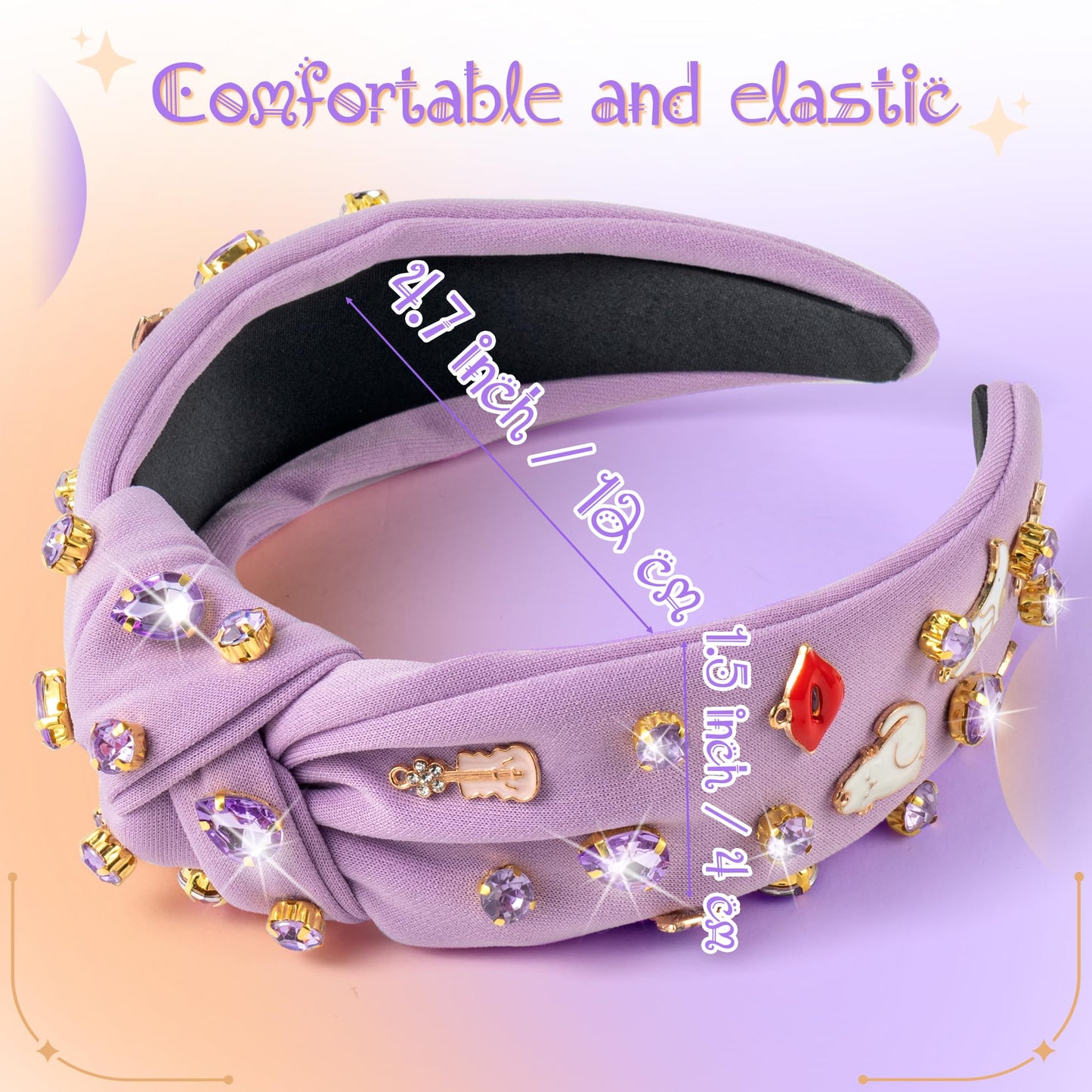PANTIDE Music Jeweled Knotted Headband - Singer Fans Gift Guitar Red Lip Rhinestone Crystal Embellished Headband Wide Top Knot Fashion Hairband Birthday Back To School Gift for Women Girls (Purple)