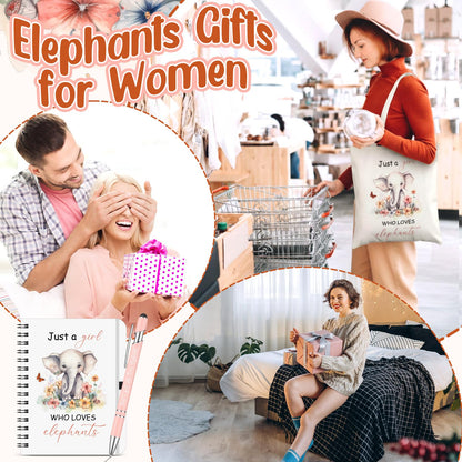 Kinlop 5 Pcs Elephant Pattern Gifts for Women Include Just a Girl Who Loves Elephants Tote Bag Canvas Cosmetic Bag Coil Notebook Keychain and Ballpoint Pen for Women Girls