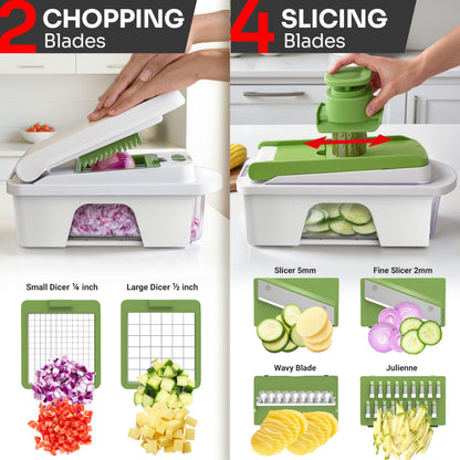 Mueller Pro-Series All-in-One, 12 Blade Mandoline Slicer for Kitchen, Food Chopper, Cucumber Slicer and Spiralizer, Cutter, Dicer, Grater, Gifts for Mom, Kitchen Essentials, White Sand/Green