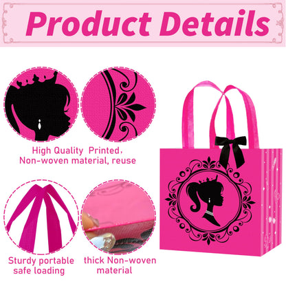 C L cooper life 12pcs Hot Pink Girl Party Gift Treat Bags with Handles Pink Girl Grocery Shopping Bag Princess Theme Non-Woven Bags for Girls Birthday Party Ladies Bachelorette Party Supplies