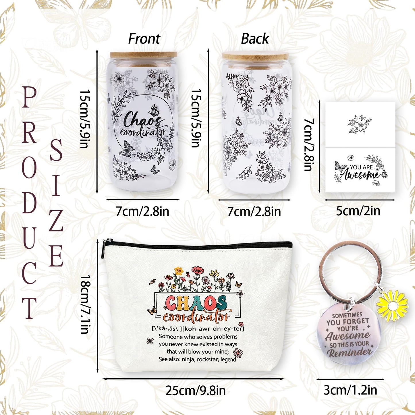 Chaos Coordinator Gifts for Women, Thank You Gift Set with 16OZ Glass Cup Makeup Bag Keychain and Card for Coworker Employee Manager Boss, Mothers Day Birthday Gifts for Mom Teacher