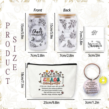 Chaos Coordinator Gifts for Women, Thank You Gift Set with 16OZ Glass Cup Makeup Bag Keychain and Card for Coworker Employee Manager Boss, Mothers Day Birthday Gifts for Mom Teacher
