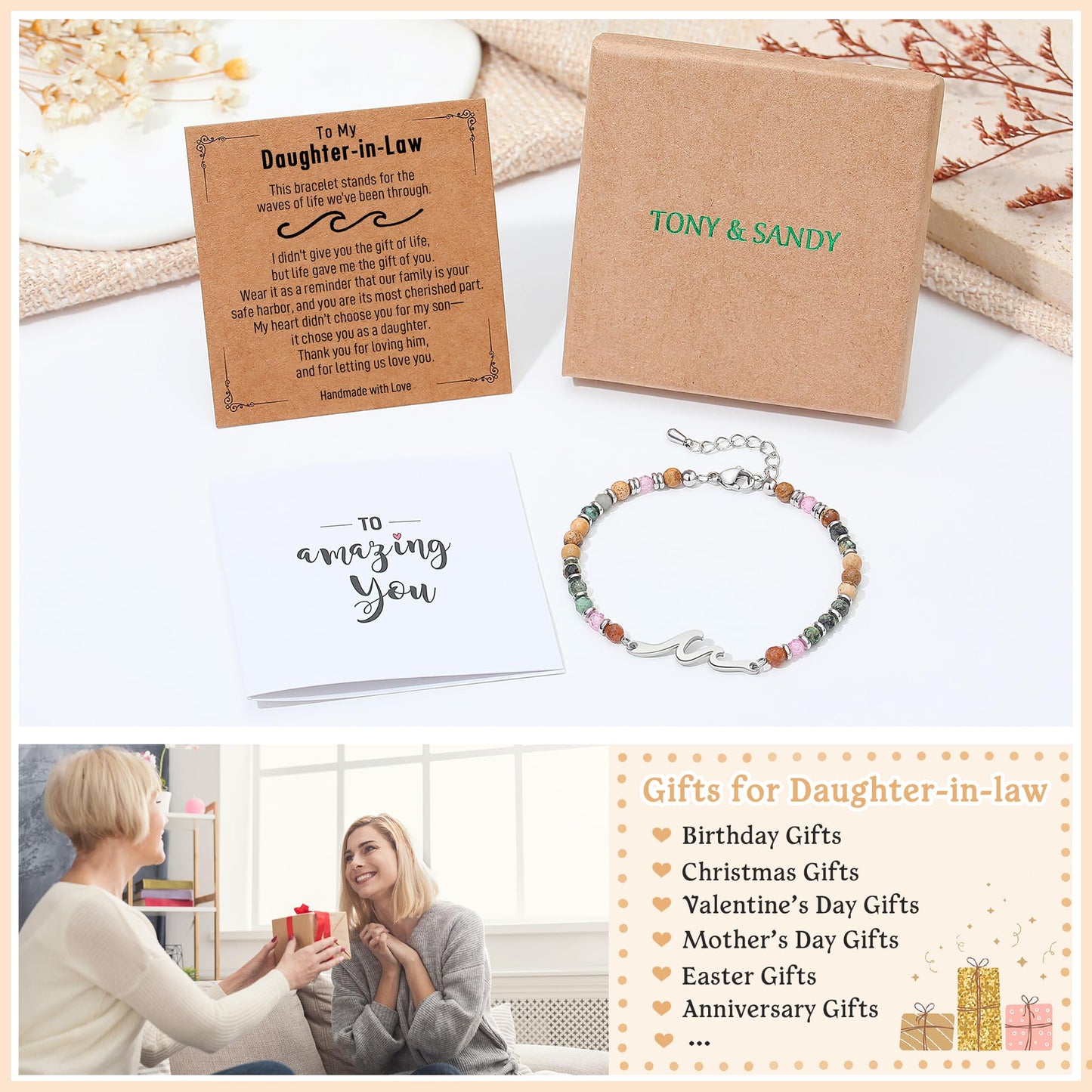 TONY & SANDY Friend Gifts for Women, Unique Birthday Gifts for Women, Sister Gift from Sister, Wave Bracelet, Christmas Graduation Mothers Day Gift for Her, Bestie Friendship Bracelets