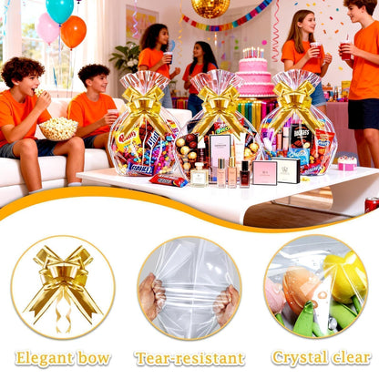 PigPotParty 10 Pack 24x30 Inch Large Cellophane Bags for Gift Baskets, Thick Clear Plastic Basket Wrap, Includes 10 Large Gold Pull Bows