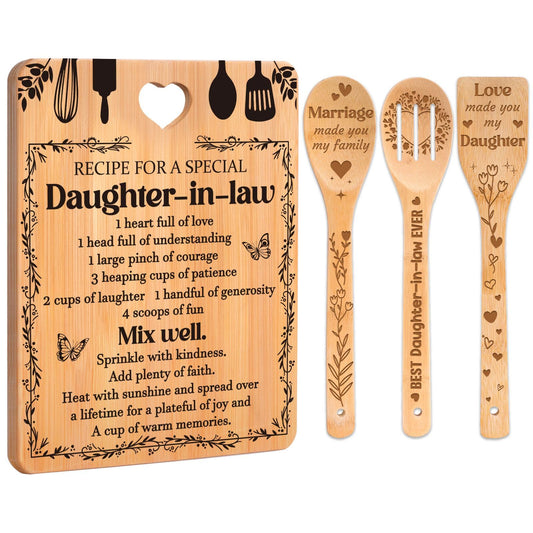 Gifts for Daughter in Law - "Recipe for a Special Daughter-in-Law" Daughter in Law Birthday Gifts Cutting Board Set, Bamboo-Made Engraved Utensil Set Mothers Day Gifts for Daughter in Law