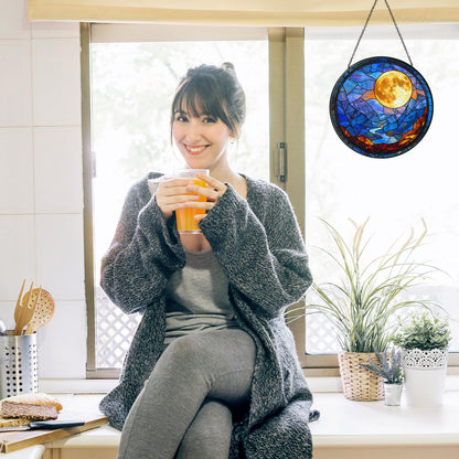Full Moon Stained Glass Suncatcher, Celestial Window Hanging Decor with Lunar Crater Details, 7.87 Inch Sun Catchers Indoor Window, Mystical Night Sky Gift for Moon Lovers, Women, Men