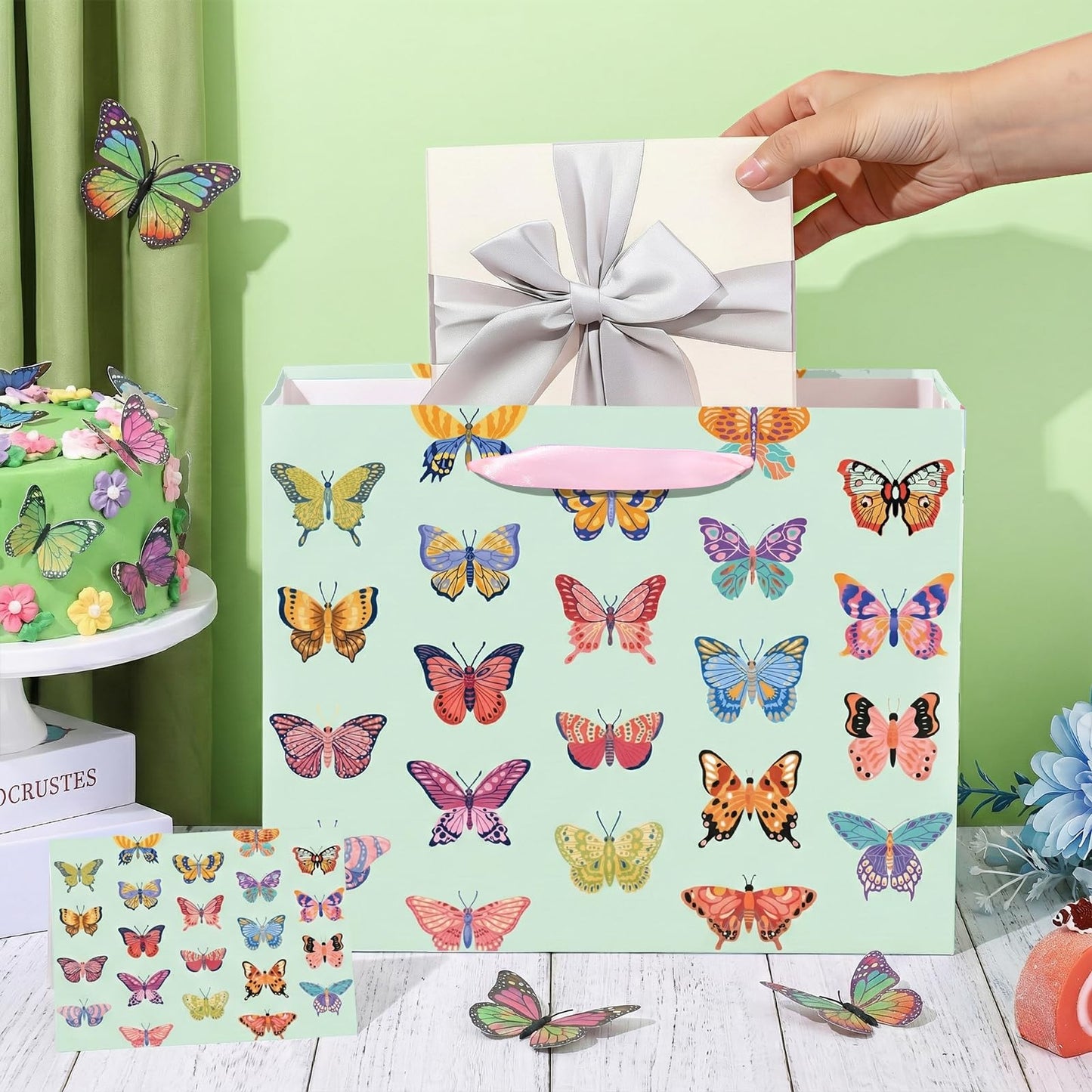 Butterfly Gift Bags for Girls Women Mint Green Butterfly Birthday Gift Wrap Bags with Handle Tissue Papers Greeting Card for Baby Shower Spring Easter Wedding Party Favors Goodie Wrapping Bag Supplies
