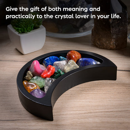 Crescent Moon Tray - Showcase Your Gems, Healing Stones & Treasures - 6"x3" Wooden Crystal Display Tray, Crystal Holder for Stones Display Shelf, Gemstone Rock Holder Charging Bowl, Black, S