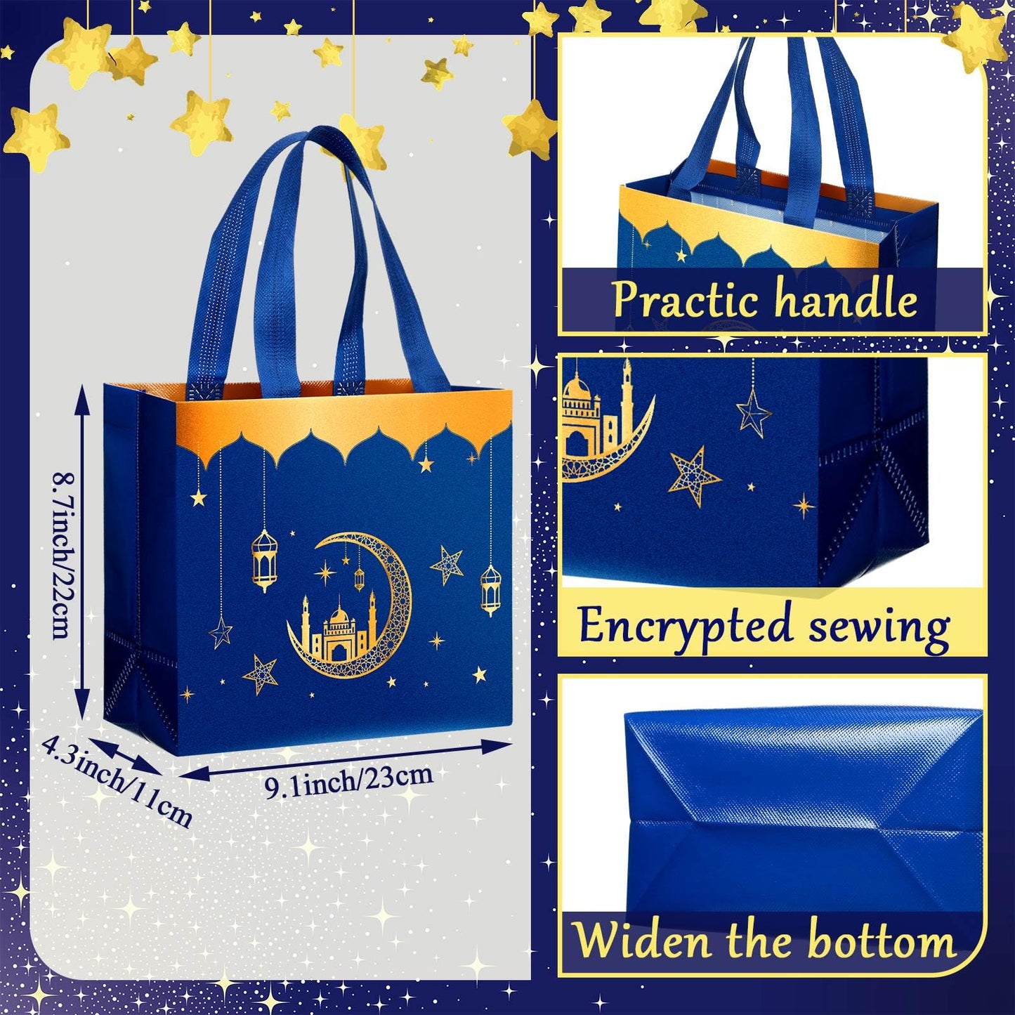 Resurhang 16 Pcs Eid Al Adha Party Reusable Gift Bags with Handles, Muslim Treat Non Woven Ramadan Goodie Bags for Eid Al Adha Muslim Party Supplies(Blue)