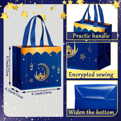 Resurhang 16 Pcs Eid Al Adha Party Reusable Gift Bags with Handles, Muslim Treat Non Woven Ramadan Goodie Bags for Eid Al Adha Muslim Party Supplies(Blue)