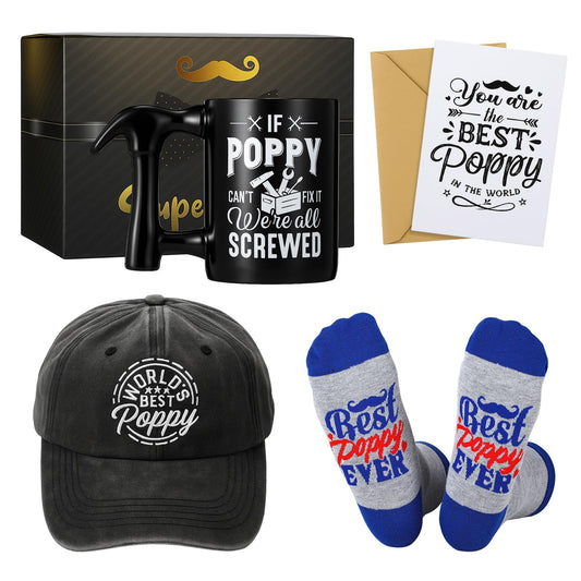 Bonuci 5 Pcs Poppy Gifts Set for Father's Day Christmas Include World's Best Poppy Embroidered Cap Crew Socks Coffee Mug with Hammer Handle Cards with Envelope Gifts Ideas for Father Dad Grandpa