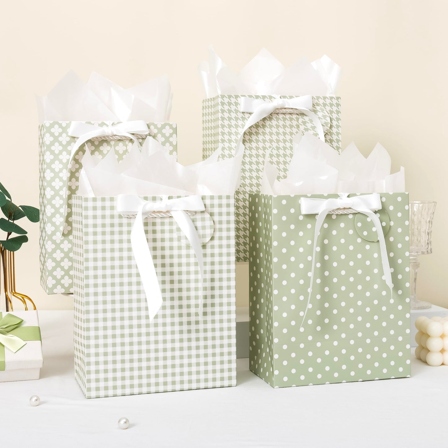 Crisky Sage Green Gift Bags Medium Size with Handles, Tissue Paper & Ribbon - 4 Pack 9"- Medium Gift Bags for Women Birthday Christmas Wedding Bridal Shower Graduation & New Year Gifts