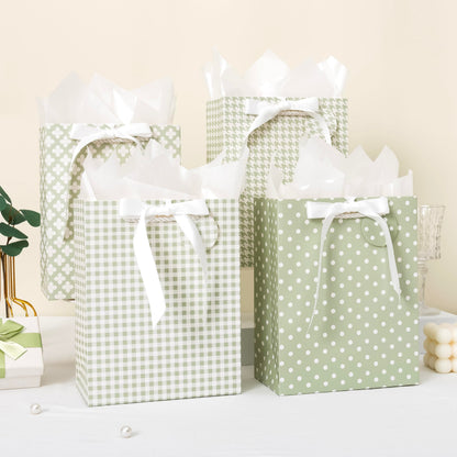 Crisky Sage Green Gift Bags Medium Size with Handles, Tissue Paper & Ribbon - 4 Pack 9"- Medium Gift Bags for Women Birthday Christmas Wedding Bridal Shower Graduation & New Year Gifts