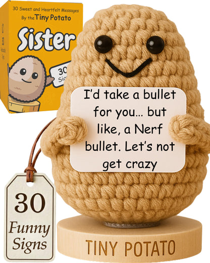 Funny Sister Gifts for Birthday, Graduation, Emotional Support - Sassy Crochet Potato W/ 30 Signs | Big Sisters Presents for Women, Unique Sister Gift from Brother, Little Sisters, Big Sis, Sis In-law