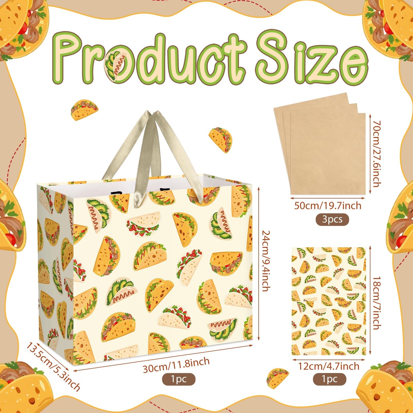 Peconal Taco Gift Bag Taco Mexican Fiesta Gift Wrapping Paper Bag with Handle Greeting Card Tissue Paper Mexican Food Party Favors Bag for Boys Girls Birthday Taco Tuesday Party Supplies Decorations