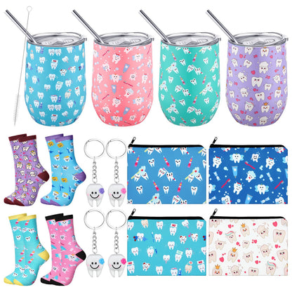 Jingmore 16 Pcs Dental Hygienist Gifts Bulk Include12 oz Teeth Stainless Steel Tumbler Cosmetic Bag Tooth Shape Keychain Tooth Socks Dental Assistant Gifts for Christmas Nurse Graduation Accessories