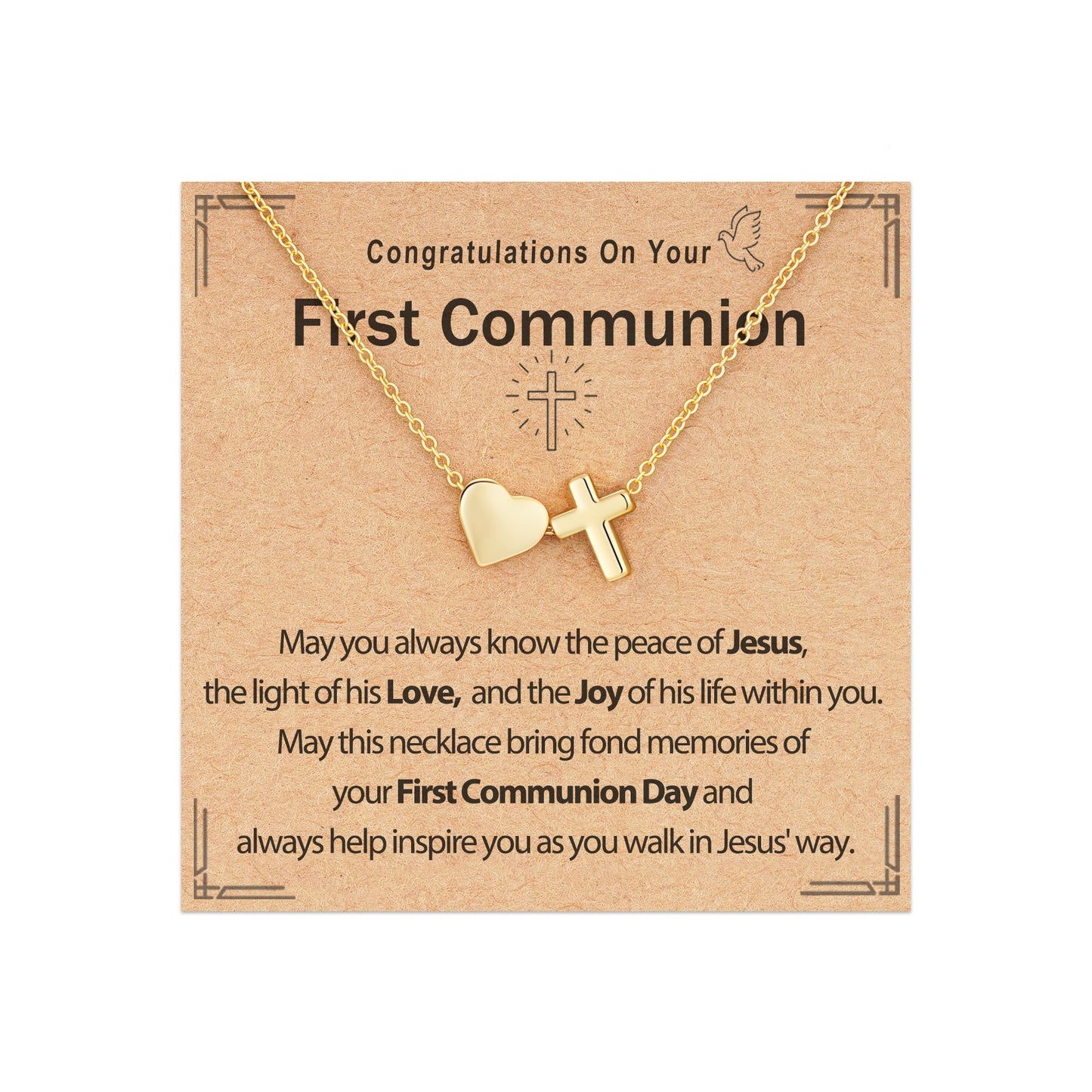 Confirmation First Communion Baptism Gifts for Girls, 14K Gold Plated Heart Cross Necklace for Daughter Granddaughter Niece Sister Christian Religious Gifts 16+3 Inches