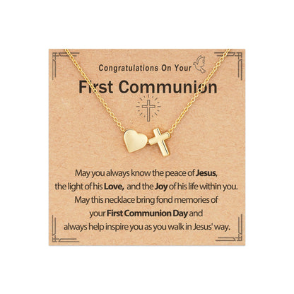 Confirmation First Communion Baptism Gifts for Girls, 14K Gold Plated Heart Cross Necklace for Daughter Granddaughter Niece Sister Christian Religious Gifts 16+3 Inches