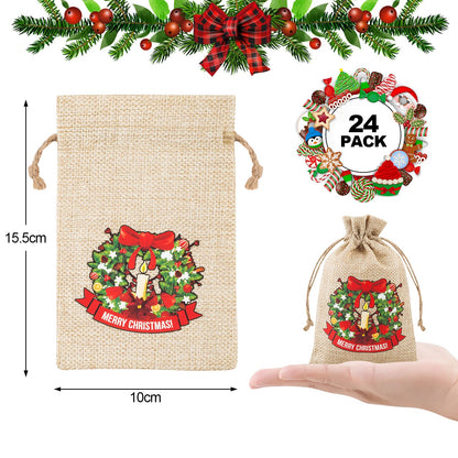 FloraSea 24 Pcs Small Christmas Gift Bags, 4x6 inches Mini Christmas Burlap Gift Bags with Drawstrings(8 Designs Styles)