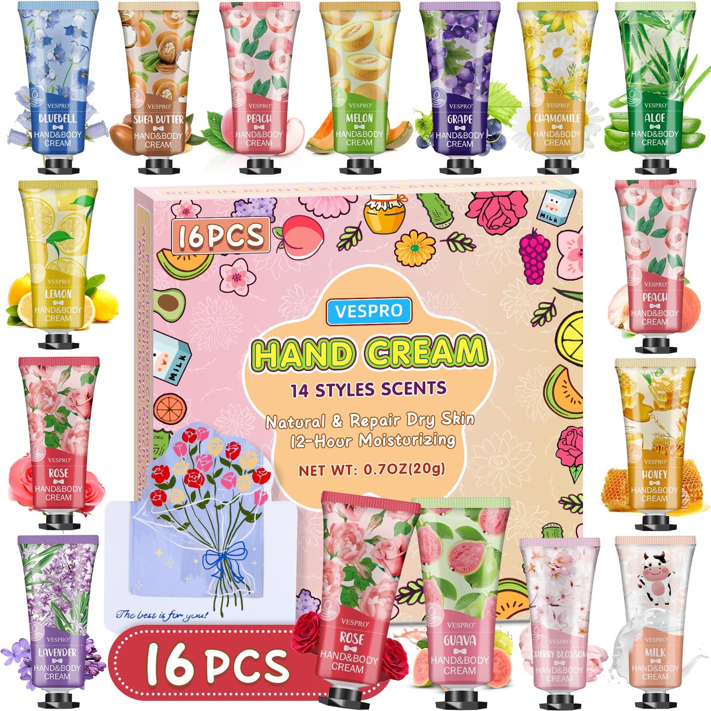 16 Pack Hand Cream Set, Mothers Day Gifts for Mom, Bridesmaid Gifts, Bulk Hand Lotion Travel Size for Dry Cracked Hands, Mini Hand Lotion for Thank You Gifts and Teacher Gifts with a Greeting Card