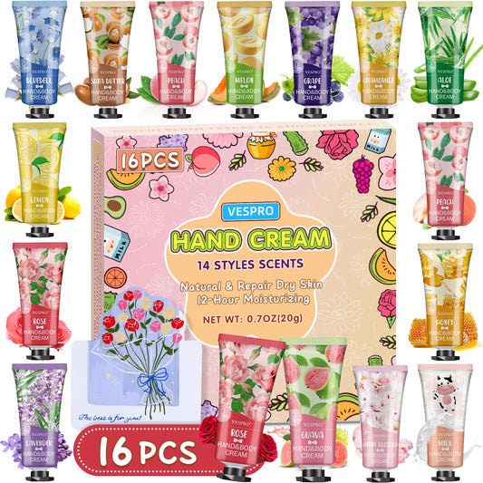 16 Pack Hand Cream Set, Mothers Day Gifts for Mom, Bridesmaid Gifts, Bulk Hand Lotion Travel Size for Dry Cracked Hands, Mini Hand Lotion for Thank You Gifts and Teacher Gifts with a Greeting Card