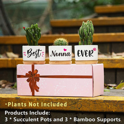 AceThrills Nonna Gifts for Birthday, Nonna for Nonnas from Grandkids, Unique Present on Thanksgiving Christmas - 3 Pcs 3.15" Succulent Pots with Bamboo Tray