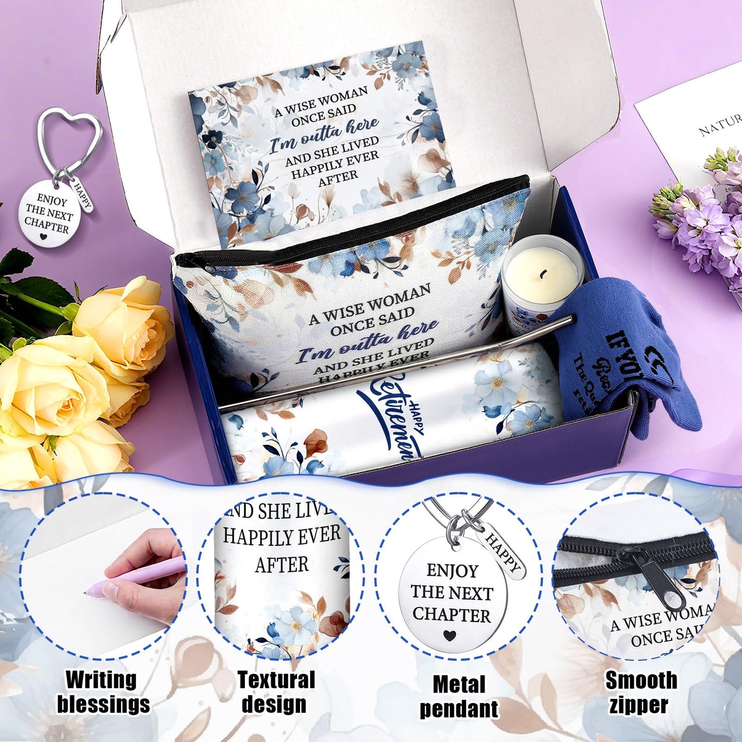 Bokon 9 Pcs Blue Brown Retirement Gifts for Women Teacher End of School Year Retired Gifts Set for Teachers Cna Nurse Coworker with 20oz Tumbler Candle Socks & Keychain Relaxation Gift Box
