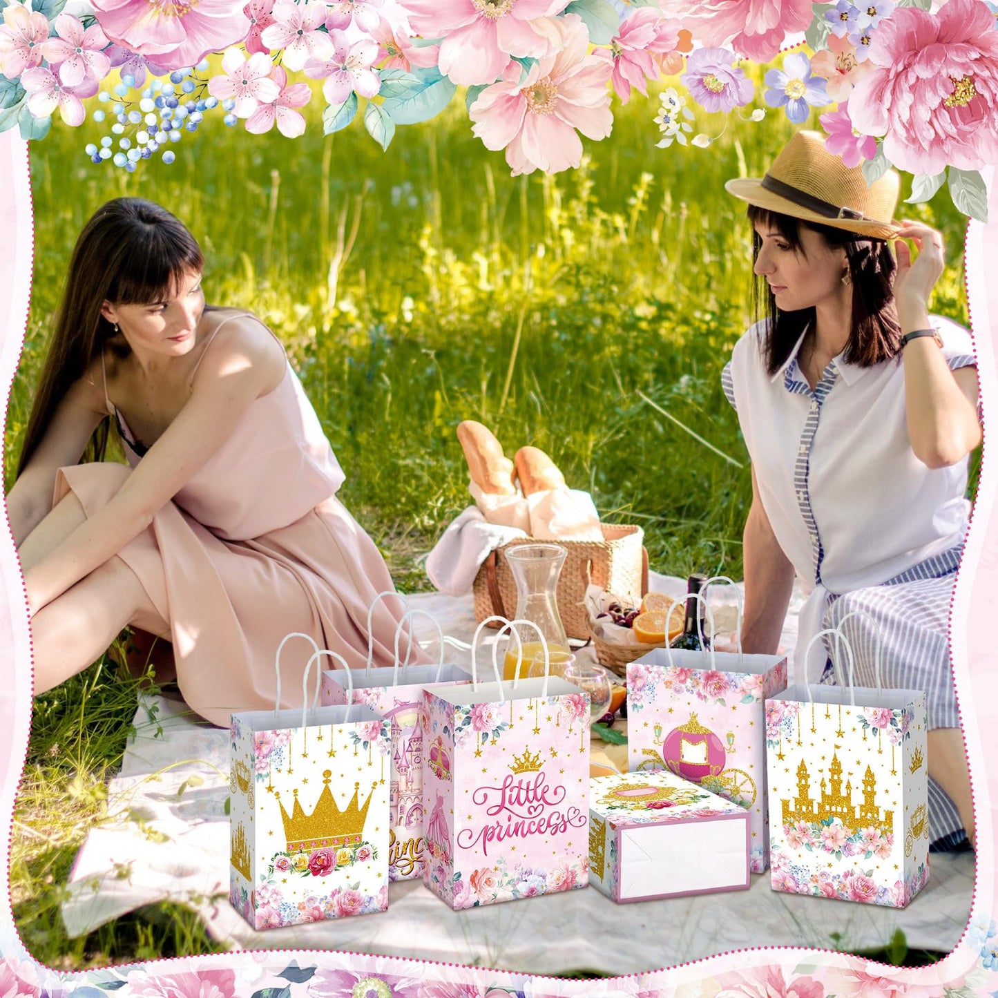 Kosiz 24 Pcs Princess Party Favors Bags Paper Little Princess Gift Goodie Bags with Handles Pink Floral Castle Crown Carriage Candy Treat Pouch for Girls Birthday Baby Shower Party Decoration Supplies